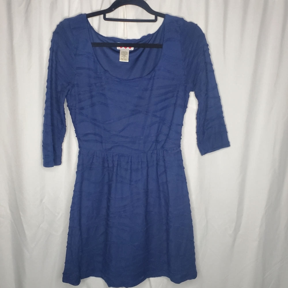 ♧ Three Pink Hearts Textured Blue Half Sleeve Skater Dress Size Medium
